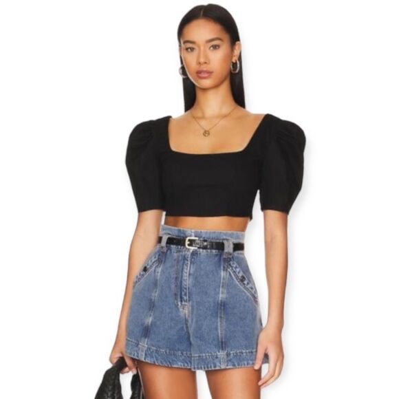 House of Harlow 1960 Puff Sleeve Linen Blend Crop Top Black sz 10 NWOT - Picture 2 of 15